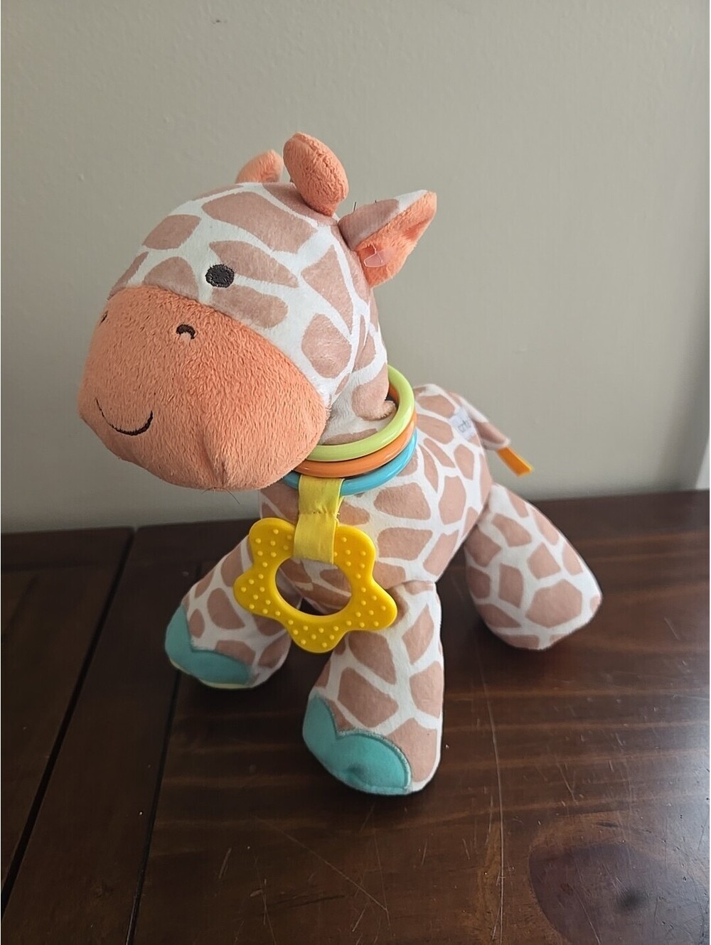 Carters Stuffed Plush Giraffe Orange Brown Tan Crinkle Rattle Teething Ring 10"